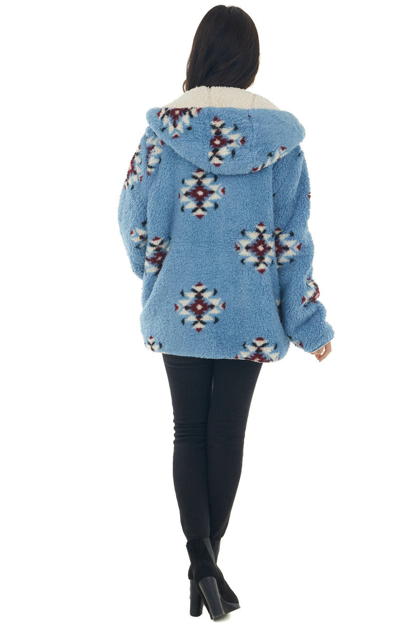 Powder Blue Aztec Reversible Sherpa Jacket 