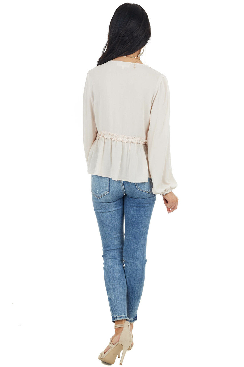 Oatmeal Long Puff Sleeve Babydoll Top with Ruffle Detail
