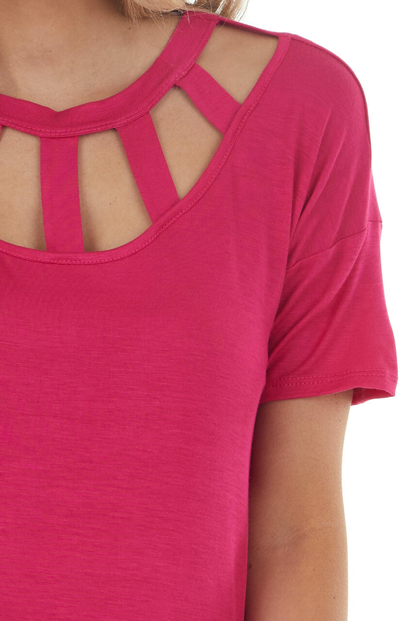 Magenta Short Sleeve Knit Top with Caged Neckline 