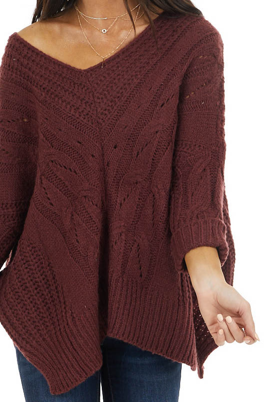 Mahogany Oversized Cable Knit Sweater with Side Slits
