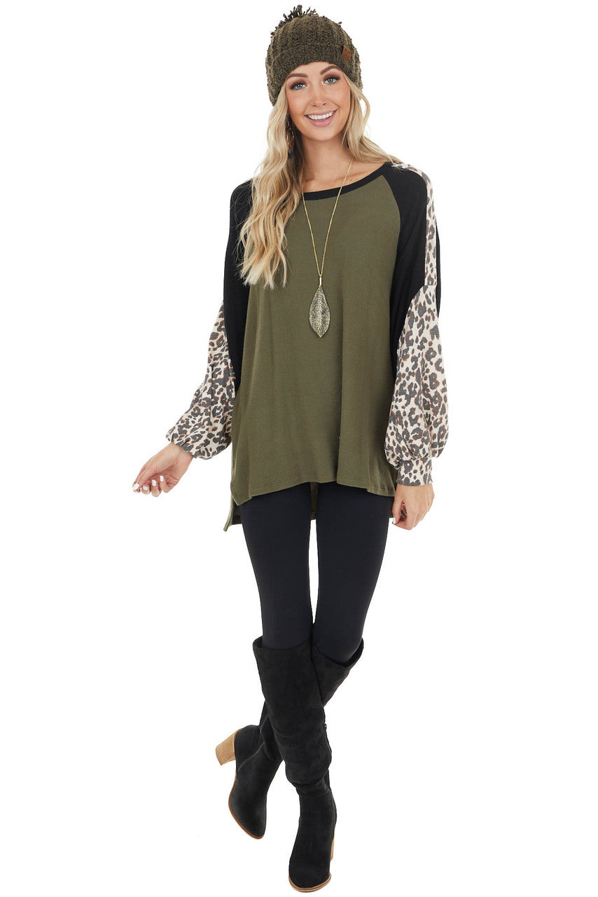 Olive Leopard Print Colorblock Long Sleeve Loose Fit Top
