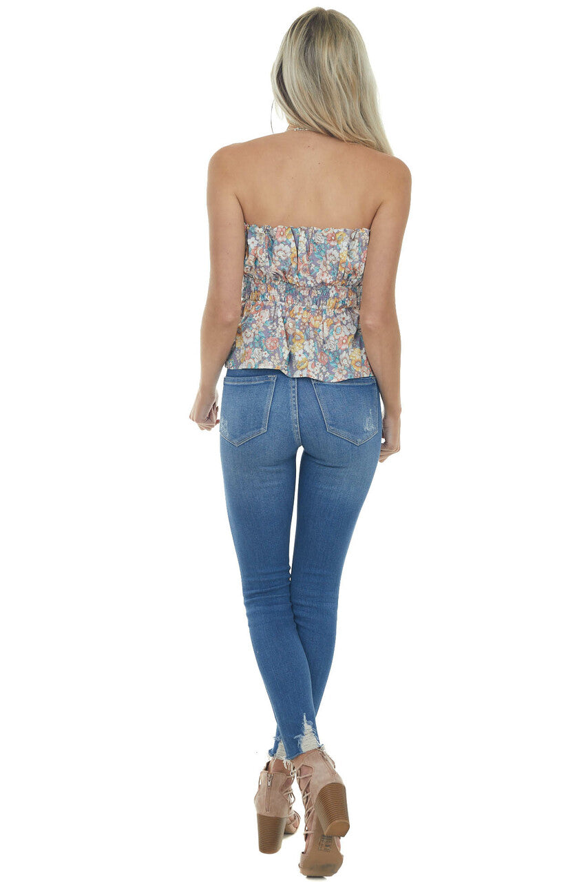 Lavender Floral Print Ruffled Strapless Top