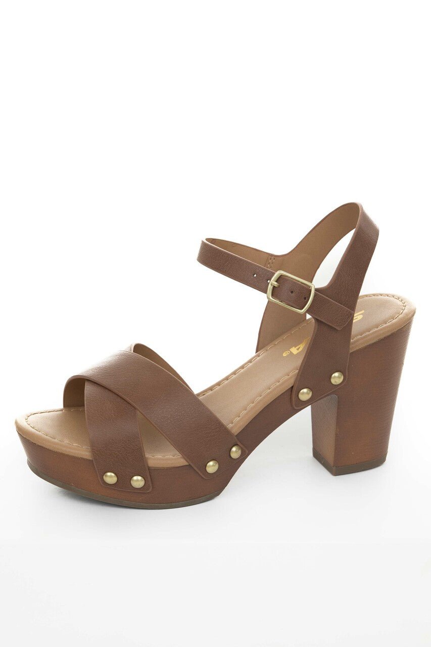 Coffee Studded Block Heels with Ankle Strap