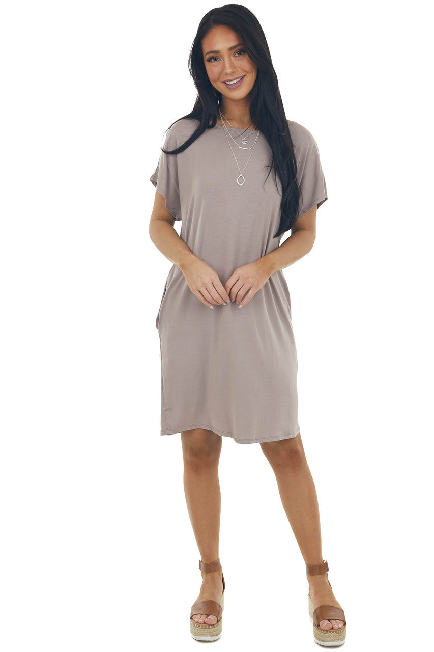 Mocha Knit Mini Tee Shirt Dress with Pockets