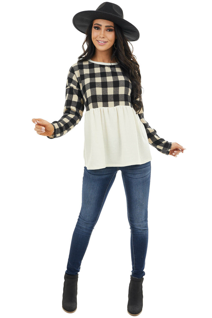 Black and Cream Buffalo Plaid Babydoll Top with Long Sleeves