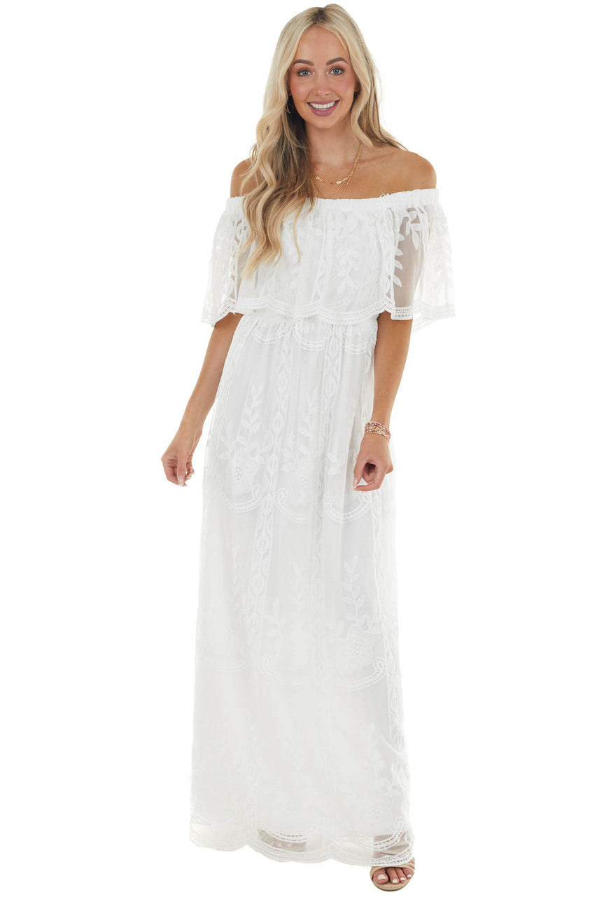 Off White Off Shoulder Floral Lace Overlay Maxi Dress