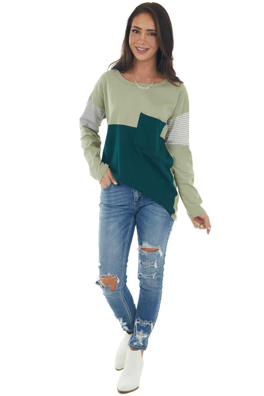 Green Colorblock Knit Top with Chest Pocket