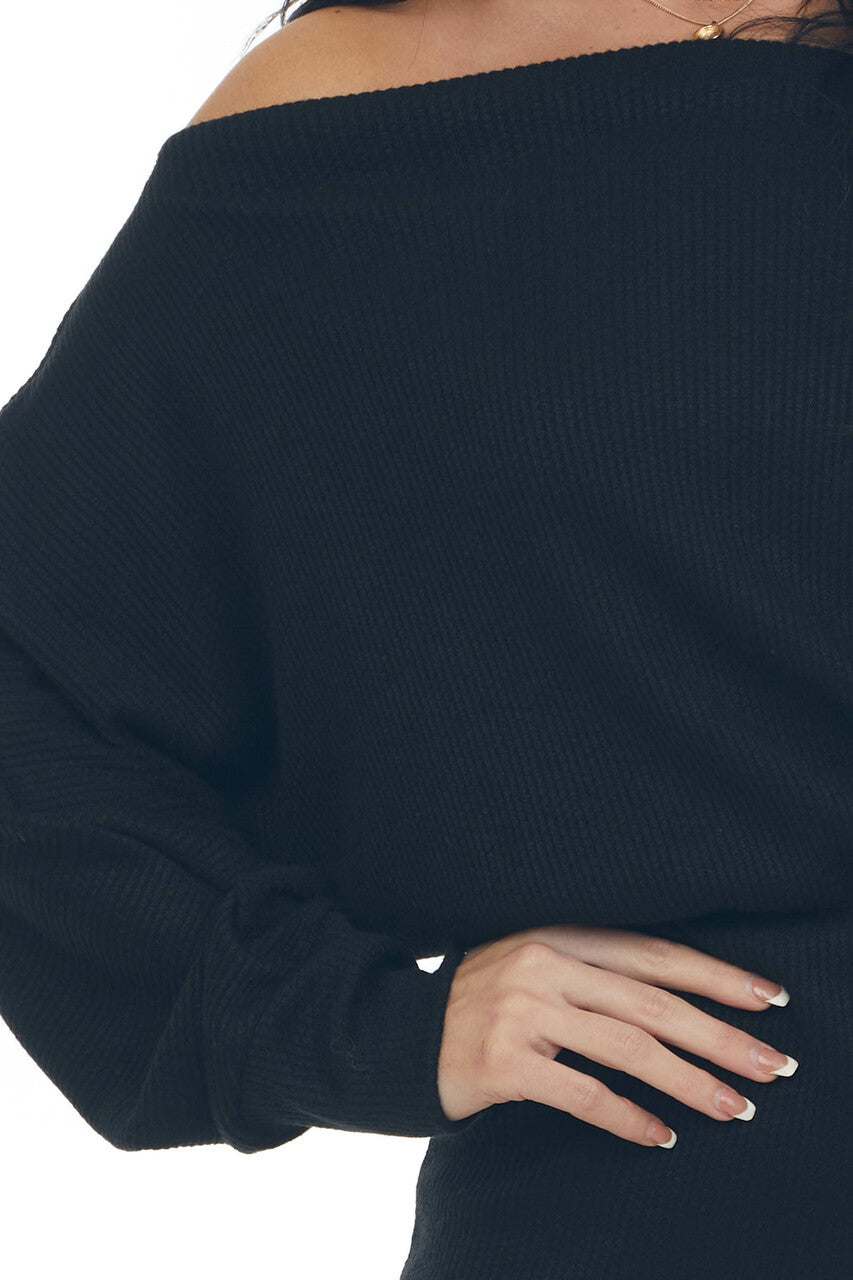 Black Ribbed Off Shoulder Dolman Sleeve Dress 