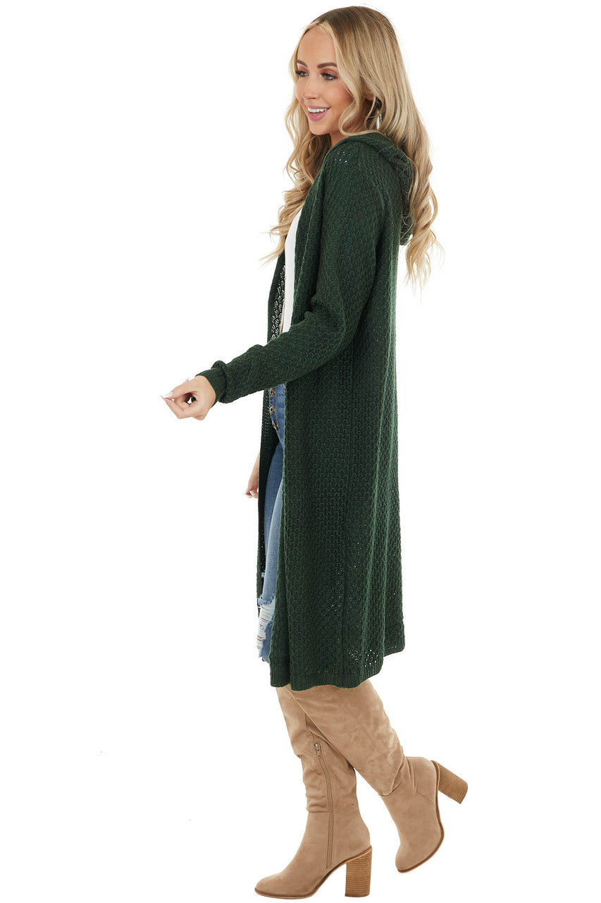 Forest Green Textured Loose Knit Duster Cardigan with Hood