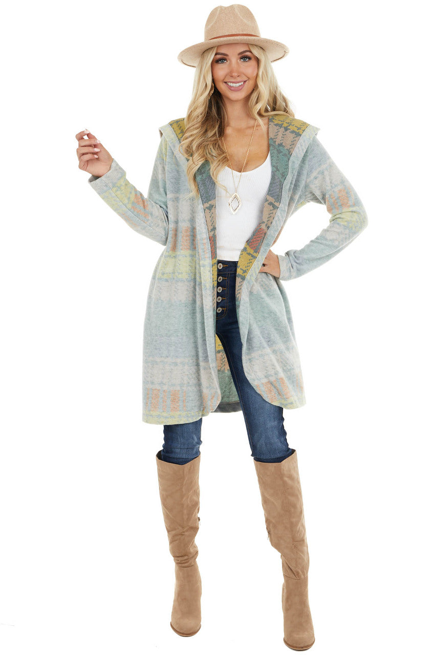 Faded Sage Multicolor Plaid Open Front Cardigan with Hood