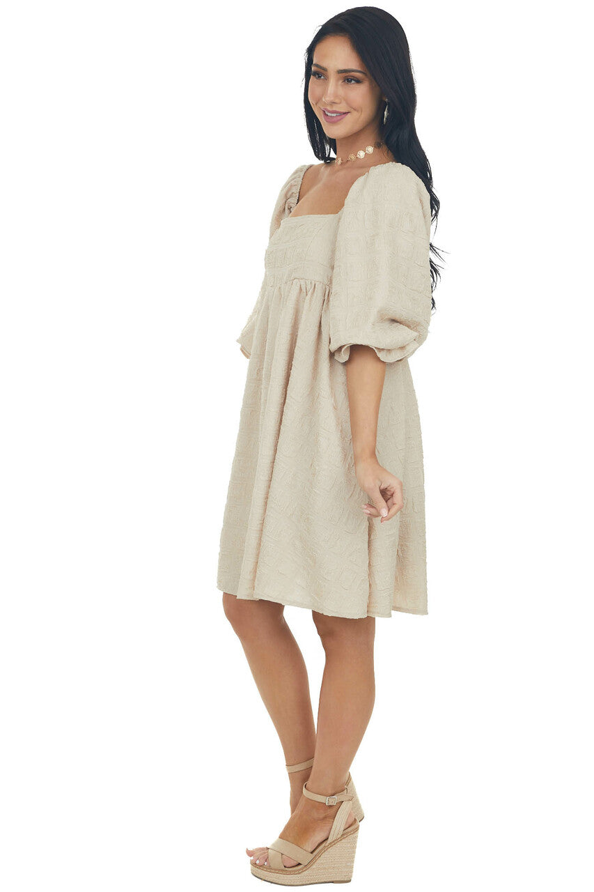 Beige Textured Woven Babydoll Short Dress