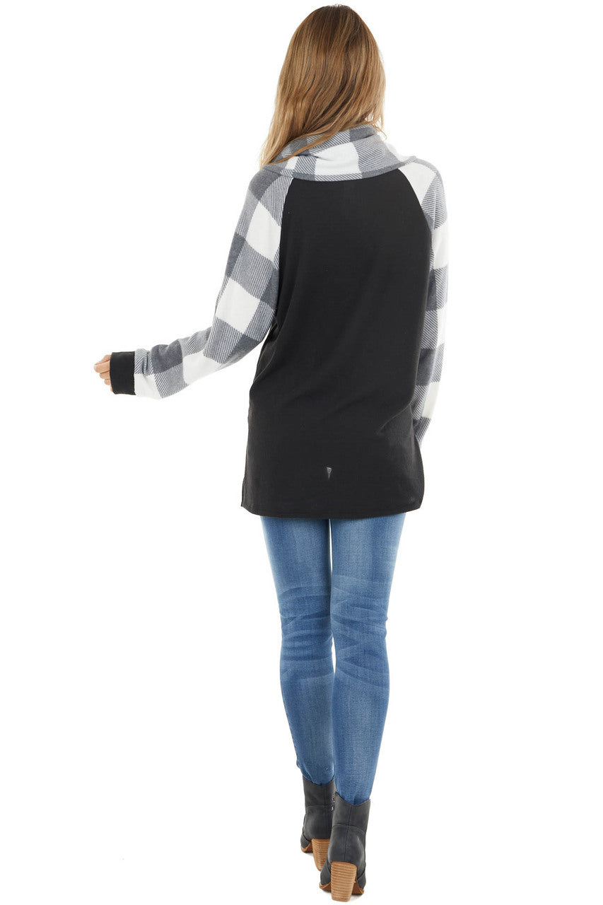 Black Super Soft Cowl Neck Top with Buffalo Plaid Sleeves