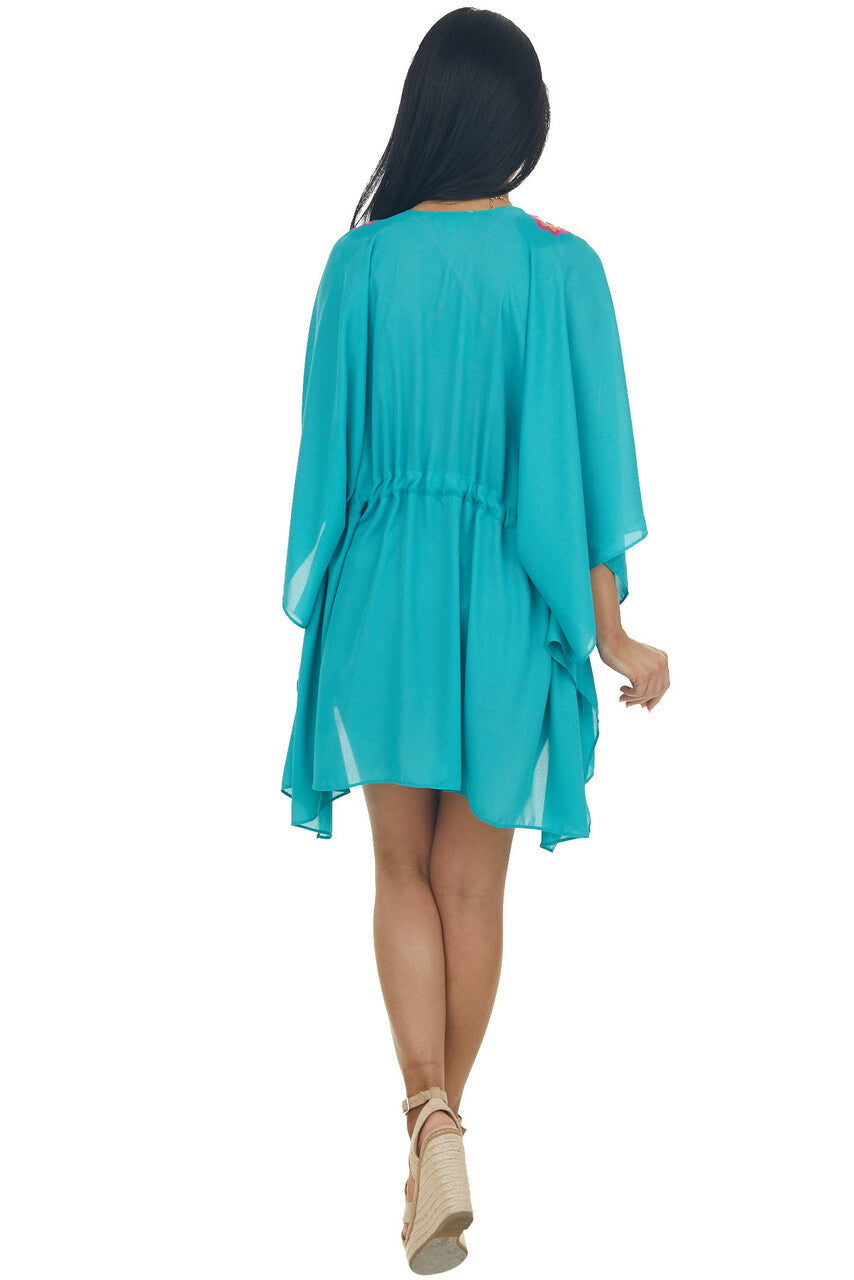 Jungle Green Floral Embroidered Waist Tie Kimono