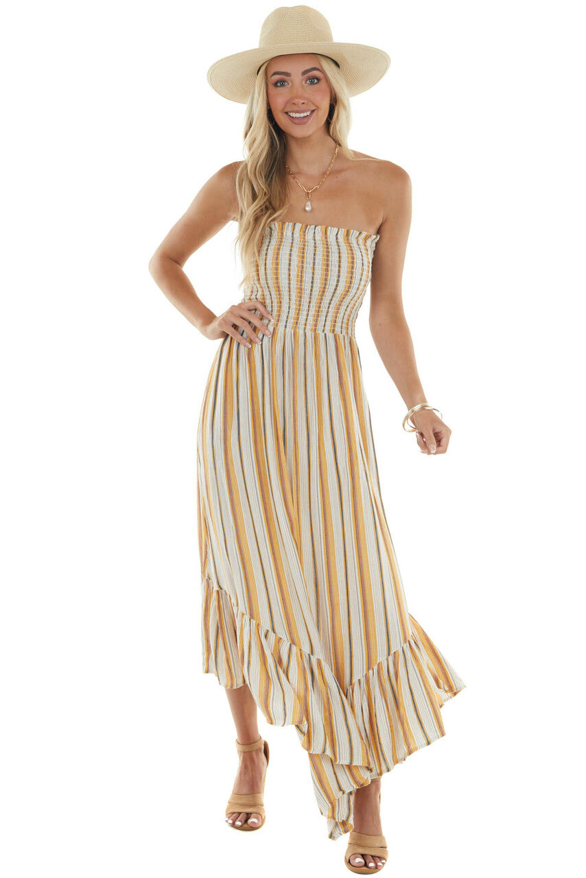 Amber Striped Print Strapless Midi Dress