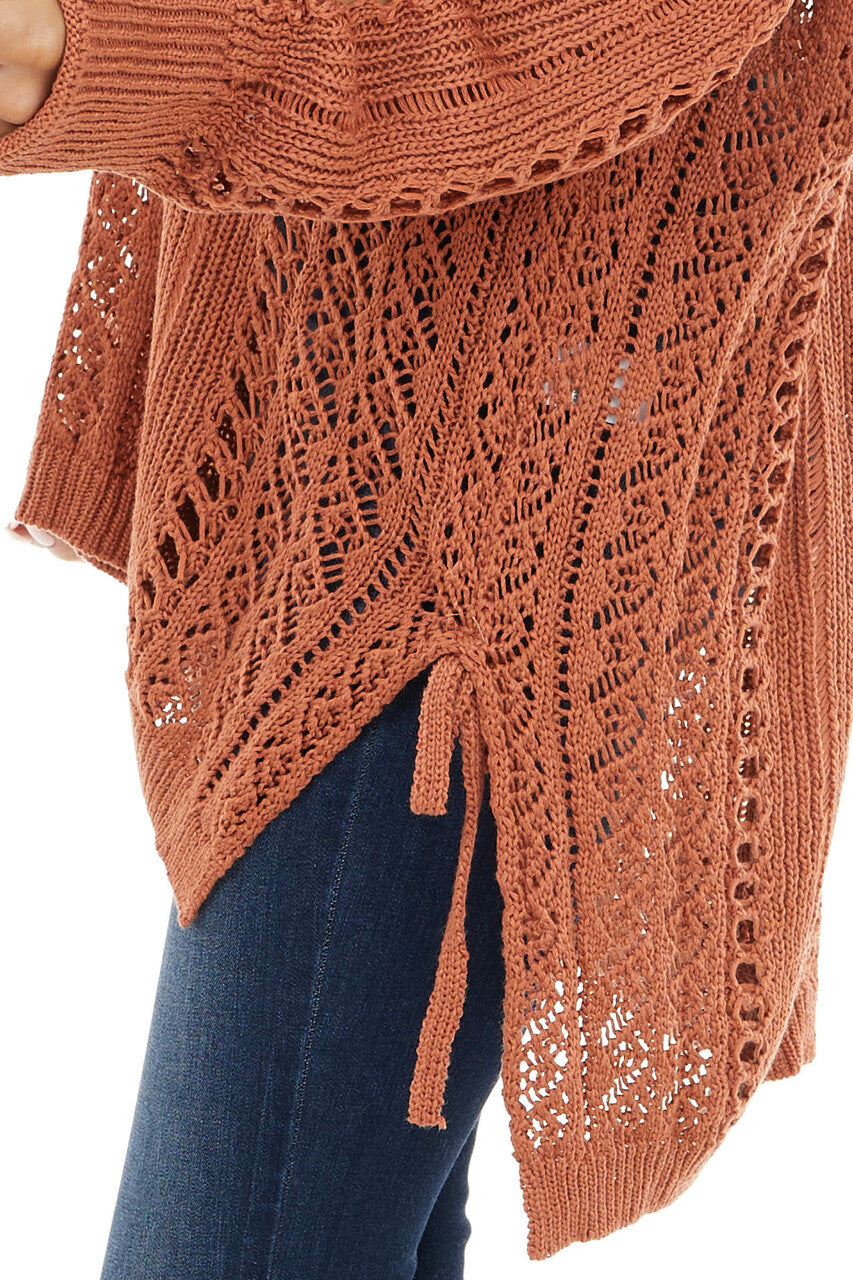 Light Tawny Crochet Knit Long Sleeve Top with Side Slits 