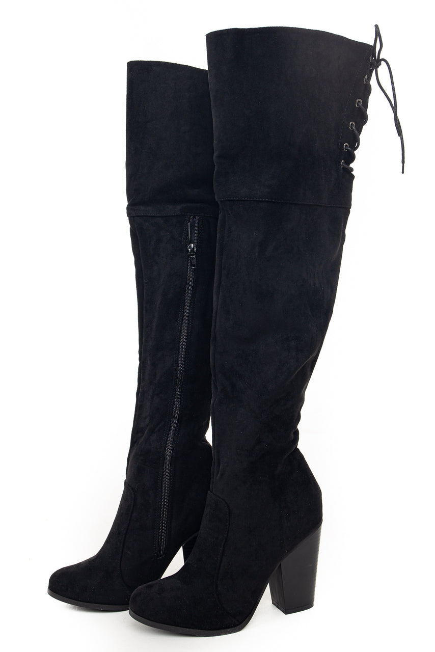 Black Over the Knee High Boots with Lace Up Back Detail