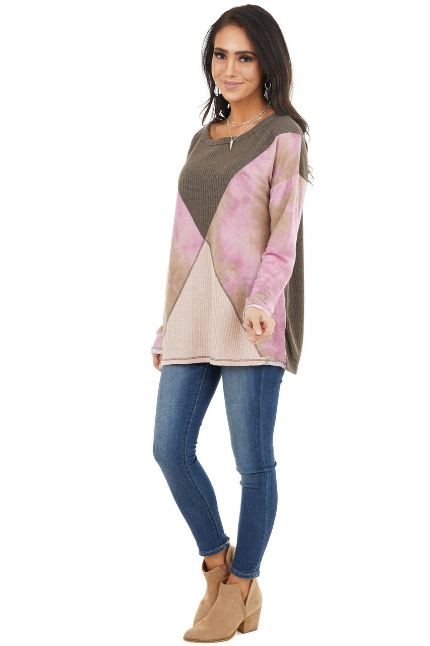 Taupe and Blush Colorblock Long Sleeve Top with Tie Dye 