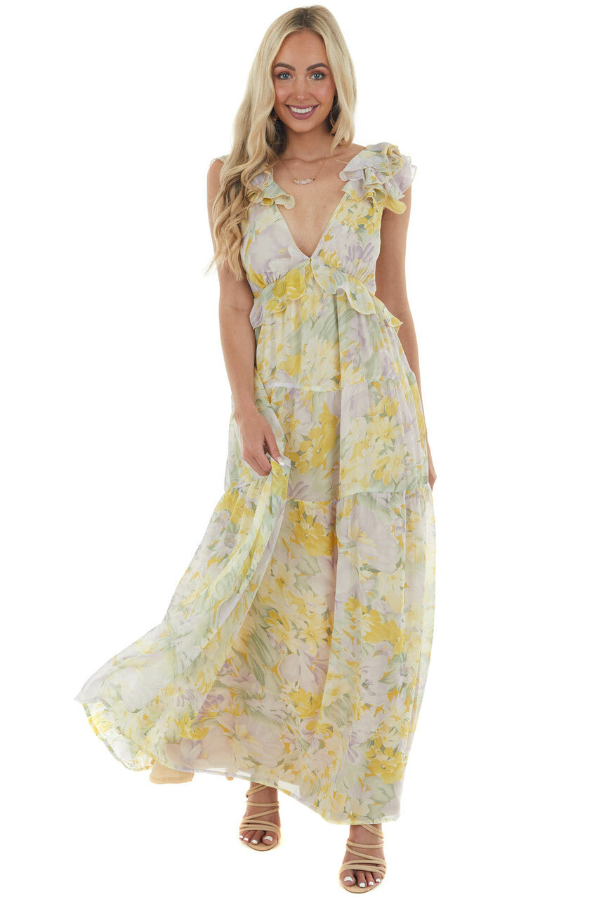 Pastel Yellow Floral Open Back Maxi Dress