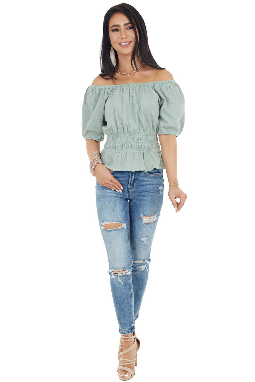Rich Sage Short Sleeve Peplum Knit Top with Smocked Waist