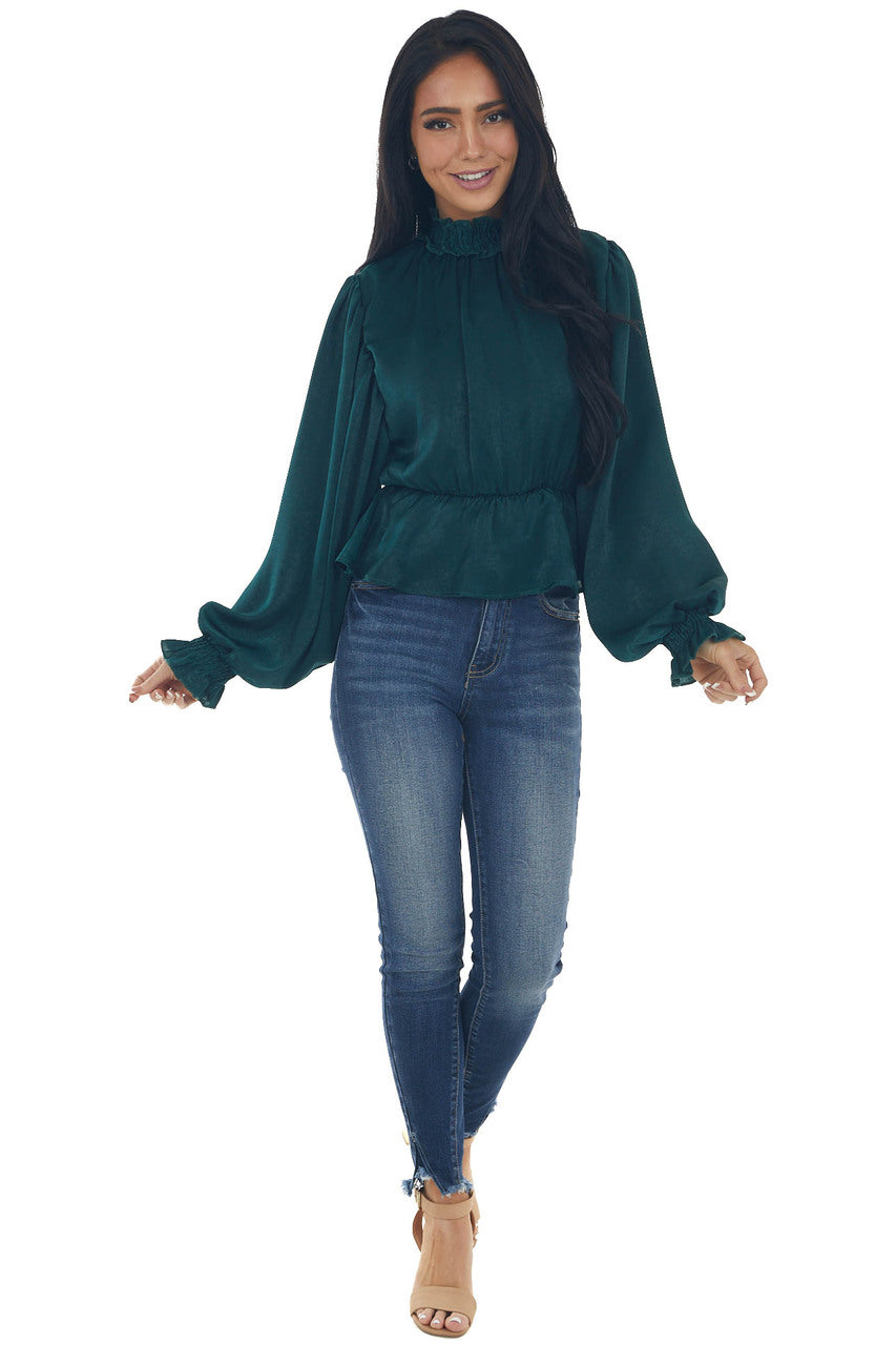 Pine Satin Mock Neck Puff Sleeve Peplum Top