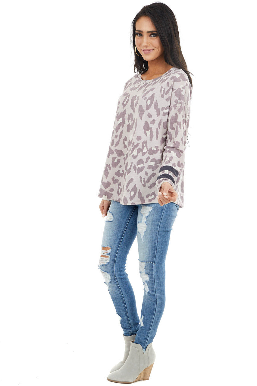 Lavender Leopard Print Stretchy Knit Top with Stripe Detail