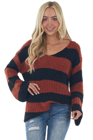 Rust and Black Striped Soft Knit Sweater 