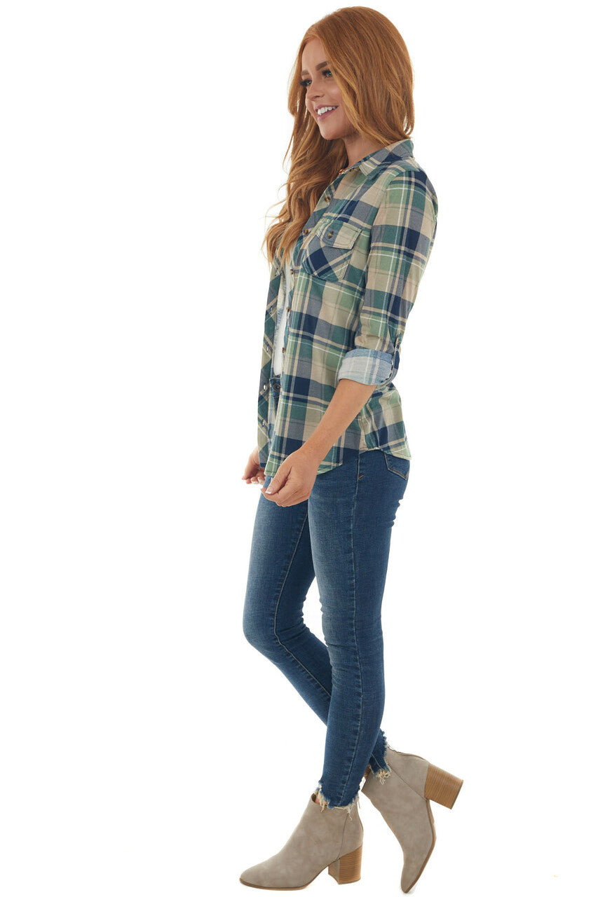 Pistachio and Navy Plaid Top with Chest Pocket 