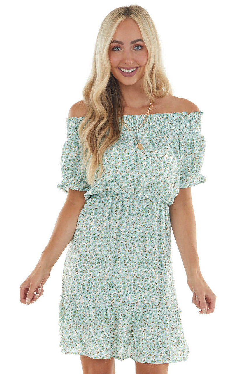 Arctic Blue Ditsy Floral Off Shoulder Dress