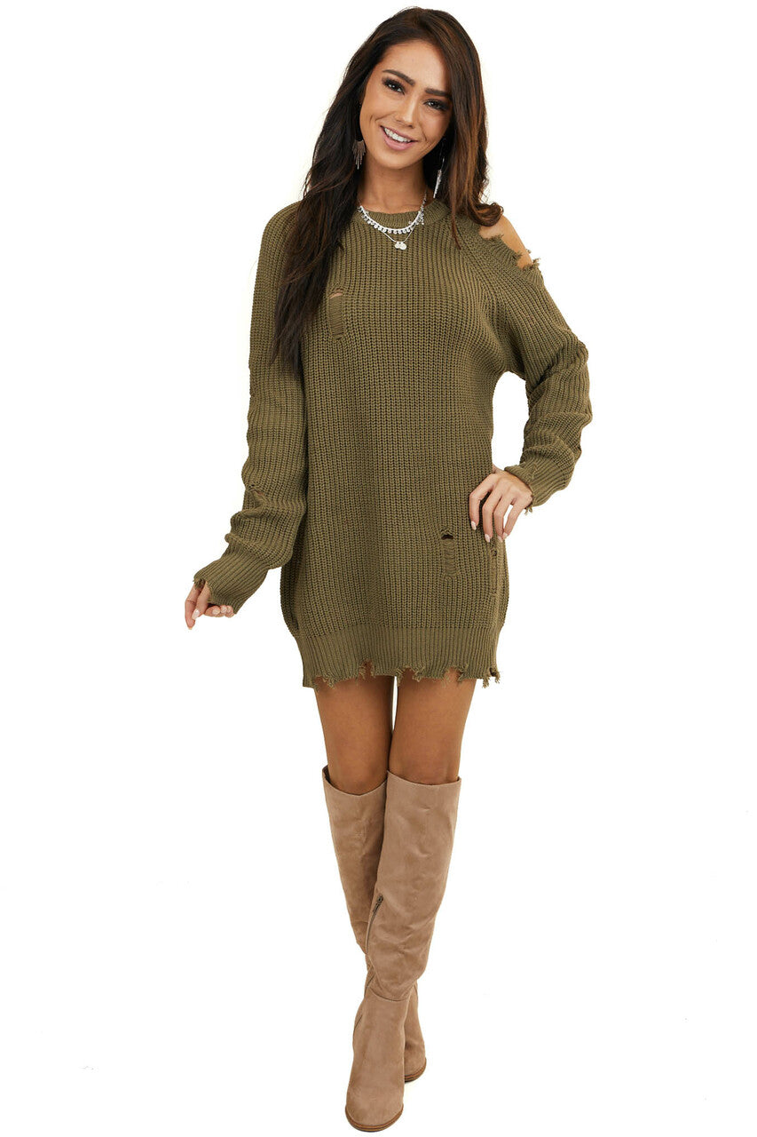 Olive Cold Shoulder Sweater Dress with Distressed Details
