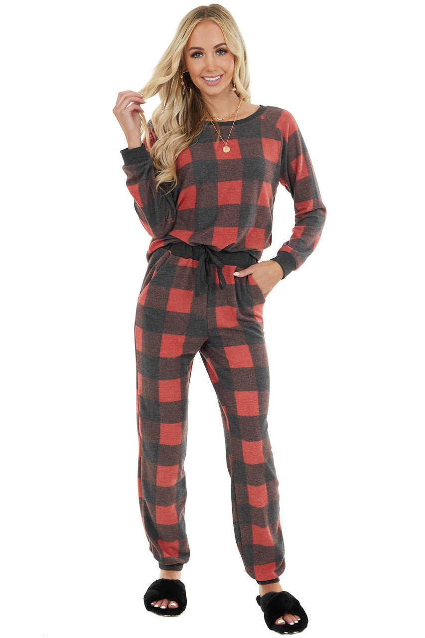 Candy Apple Red Buffalo Plaid Long Sleeve Top and Jogger Set