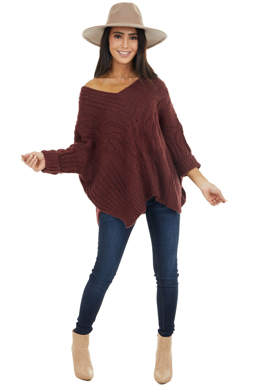 Mahogany Oversized Cable Knit Sweater with Side Slits