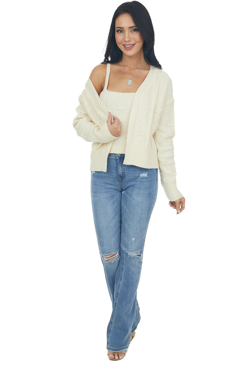 Cream Knit Crop Top and Cardigan Set
