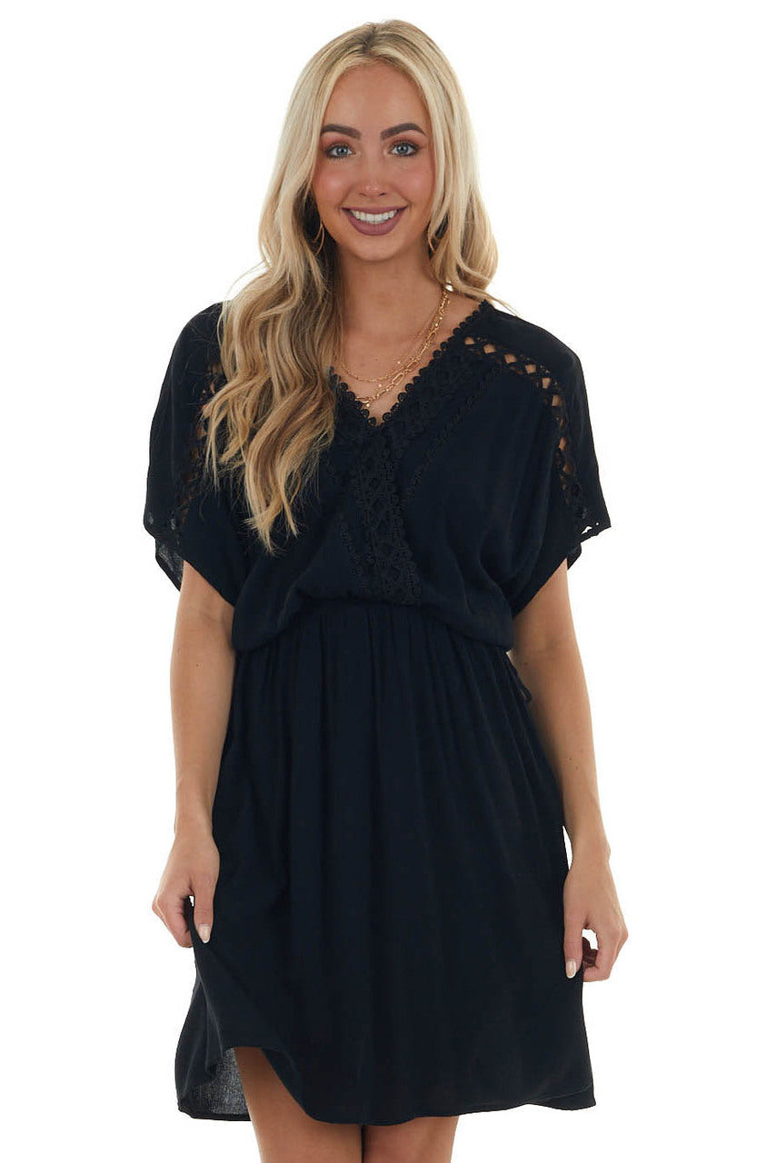 Black Crochet Lace Short Sleeve Surplice Dress