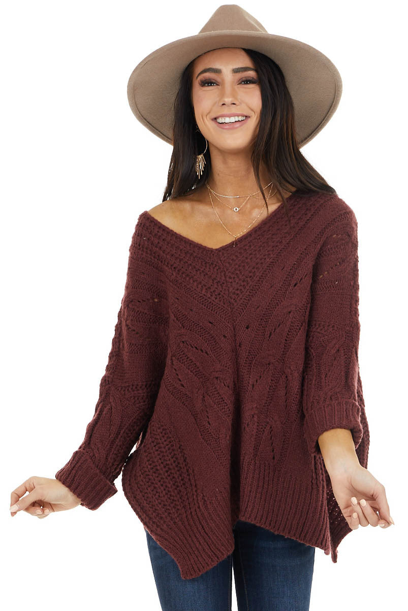 Mahogany Oversized Cable Knit Sweater with Side Slits