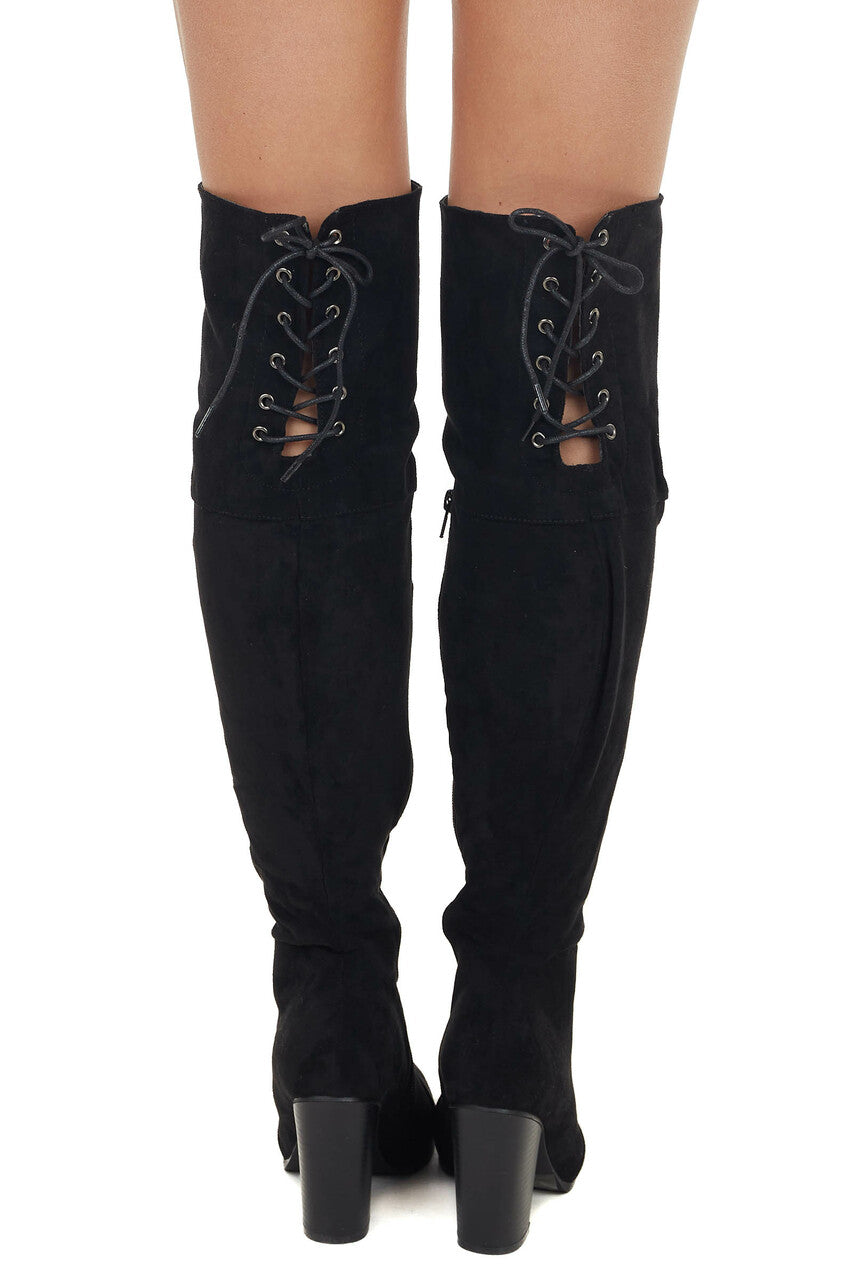 Black Over the Knee High Boots with Lace Up Back Detail