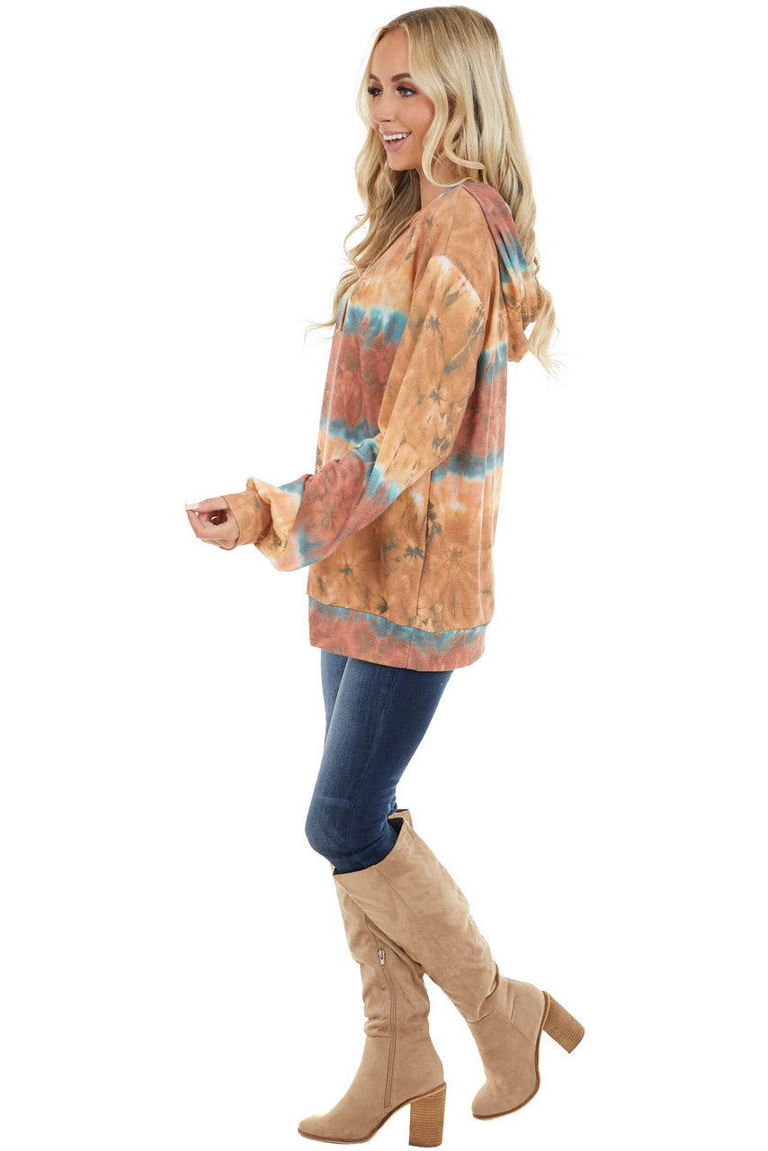 Camel and Rust Tie Dye Long Sleeve Lightweight Hoodie 