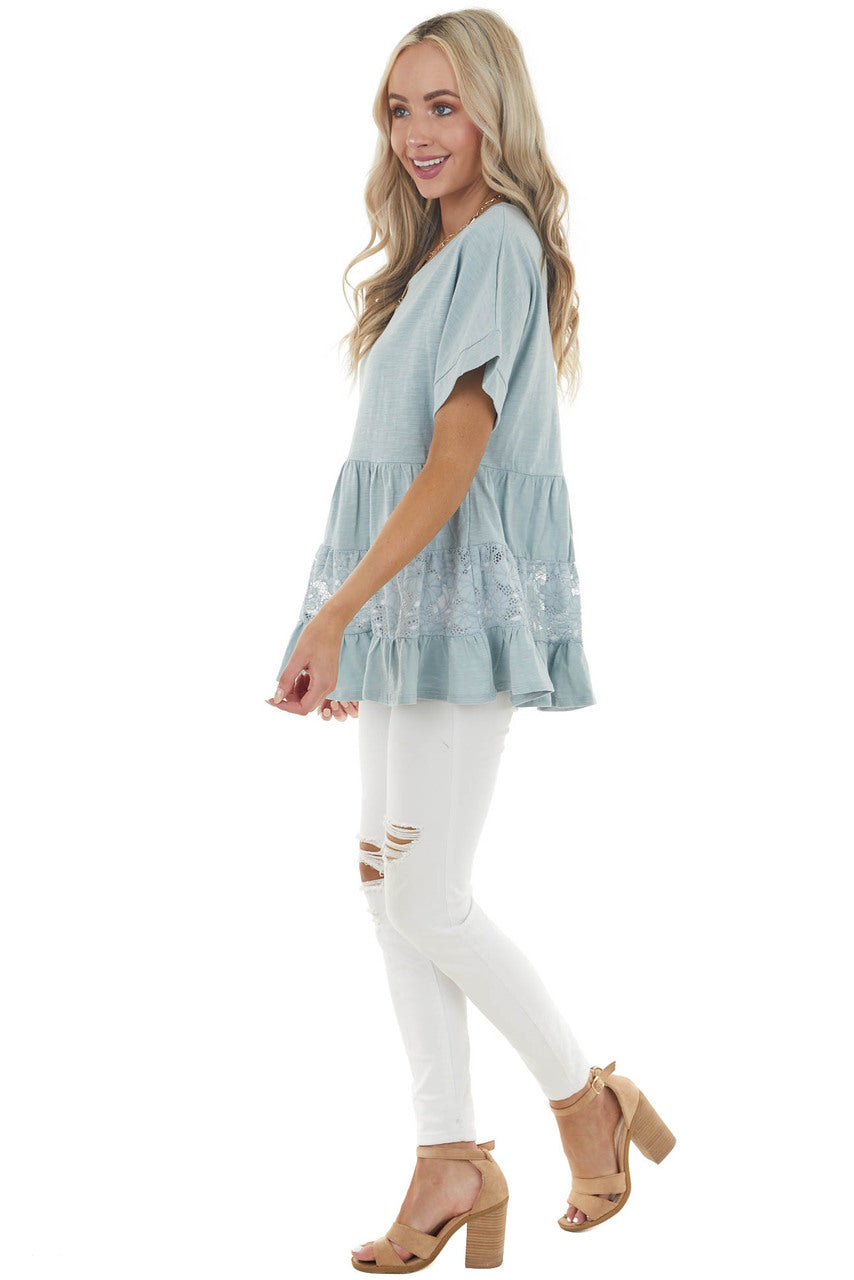 Vintage Seafoam Drop Waist Tiered Knit Top with Lace Detail