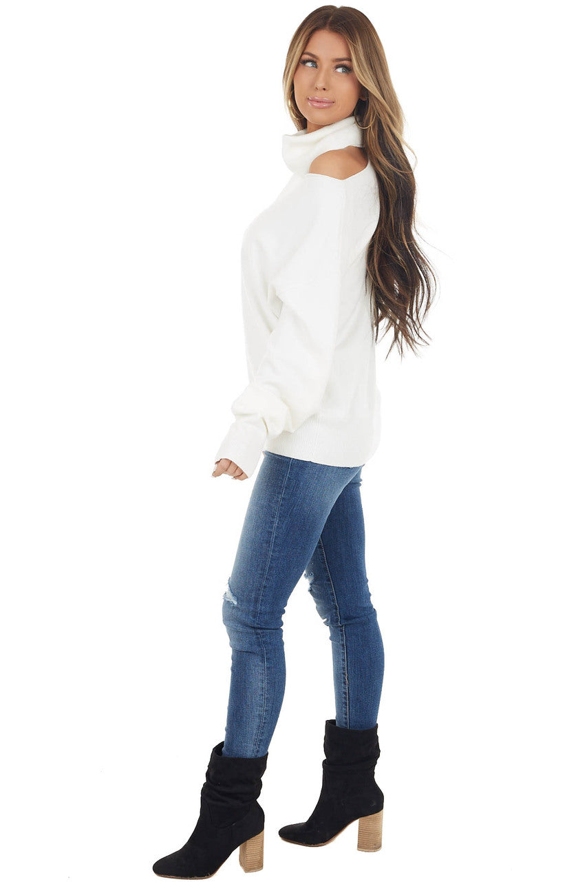 Off White Turtleneck Knit Top with Single Shoulder Cutout
