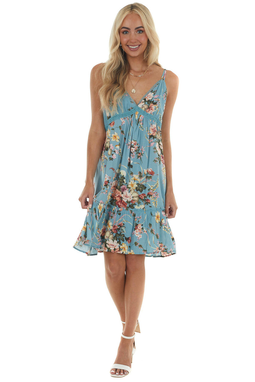 Dusty Blue Floral Print Babydoll Short Dress