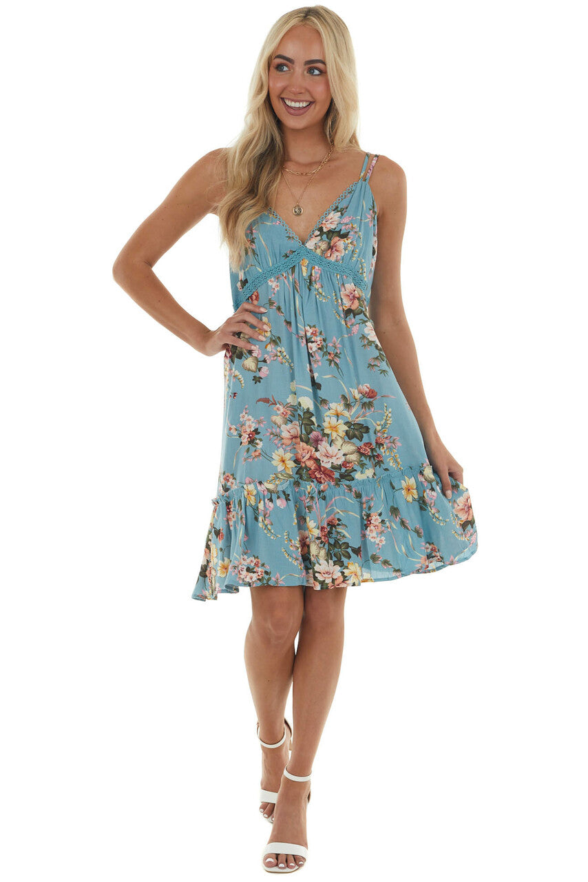 Dusty Blue Floral Print Babydoll Short Dress