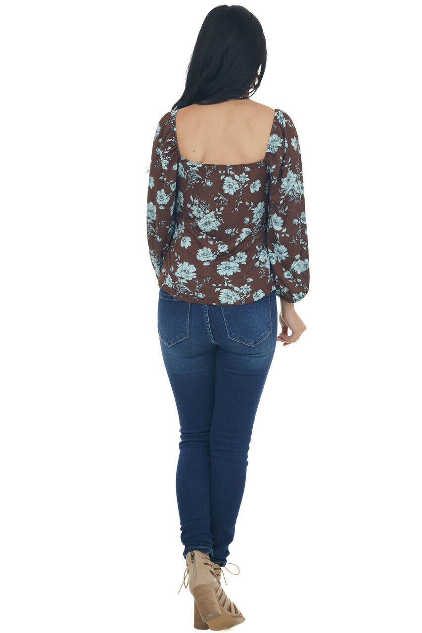 Cocoa and Sky Blue Floral Peasant Sleeve Top