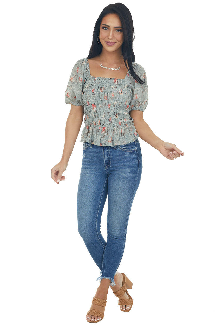 Sage Floral Print Short Sleeve Blouse with Smocked Details