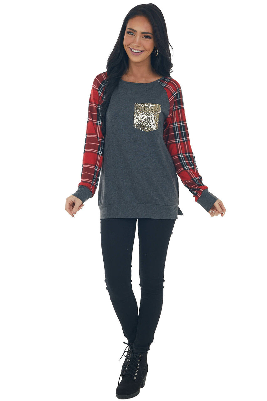 Graphite and Ruby Plaid Sequined Knit Top