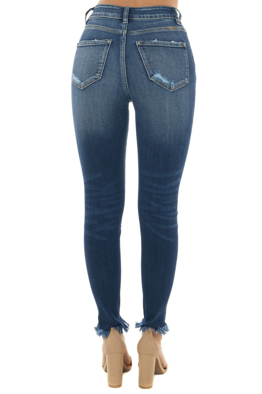 Dark High Rise Frayed Slit Hem Skinny Jeans