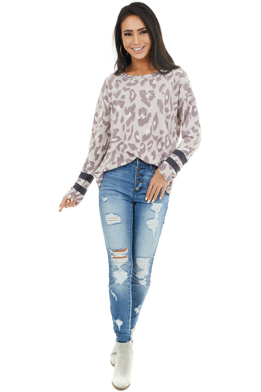 Lavender Leopard Print Stretchy Knit Top with Stripe Detail