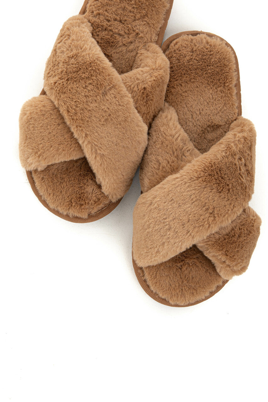 Camel Super Soft Fuzzy Slippers with Criss Cross Straps