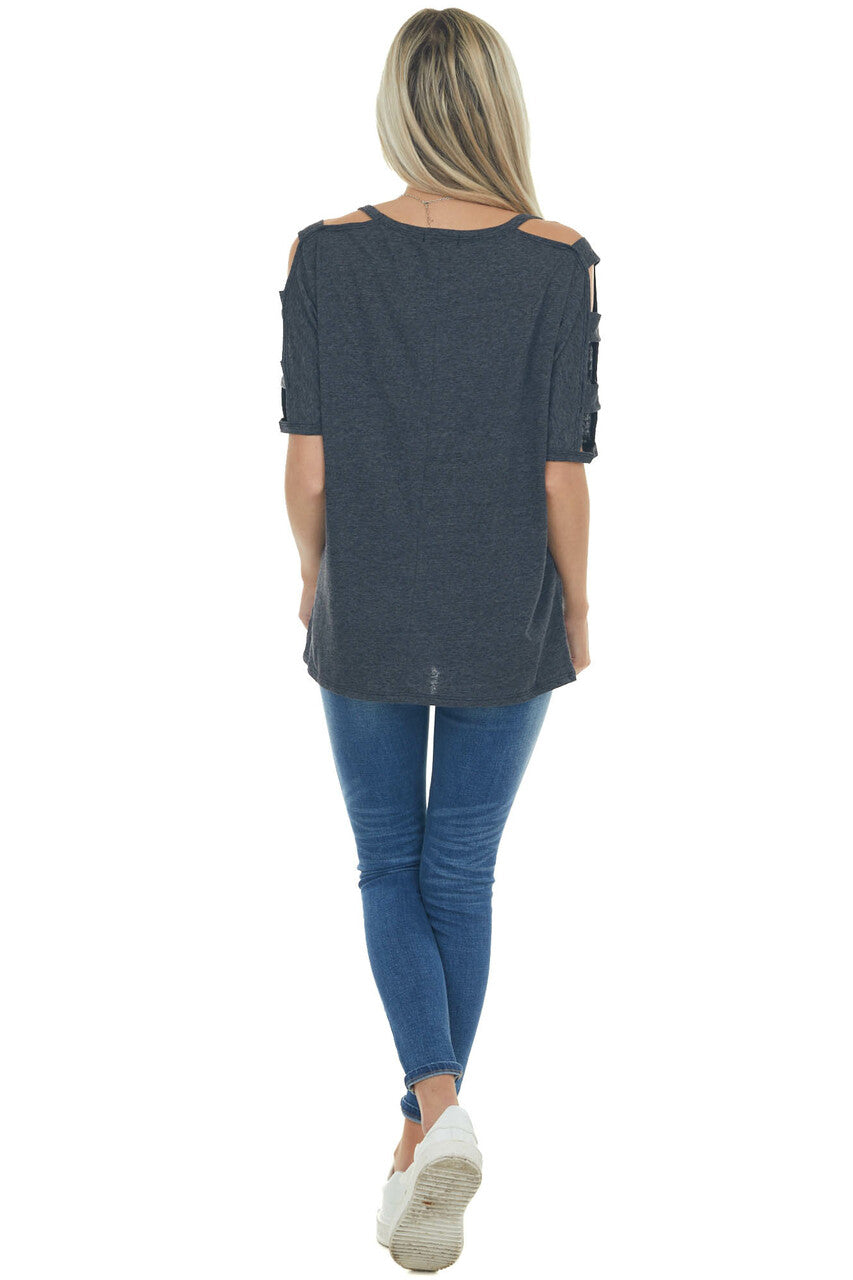 Charcoal Melange Ladder Cut Out Sleeve Tee