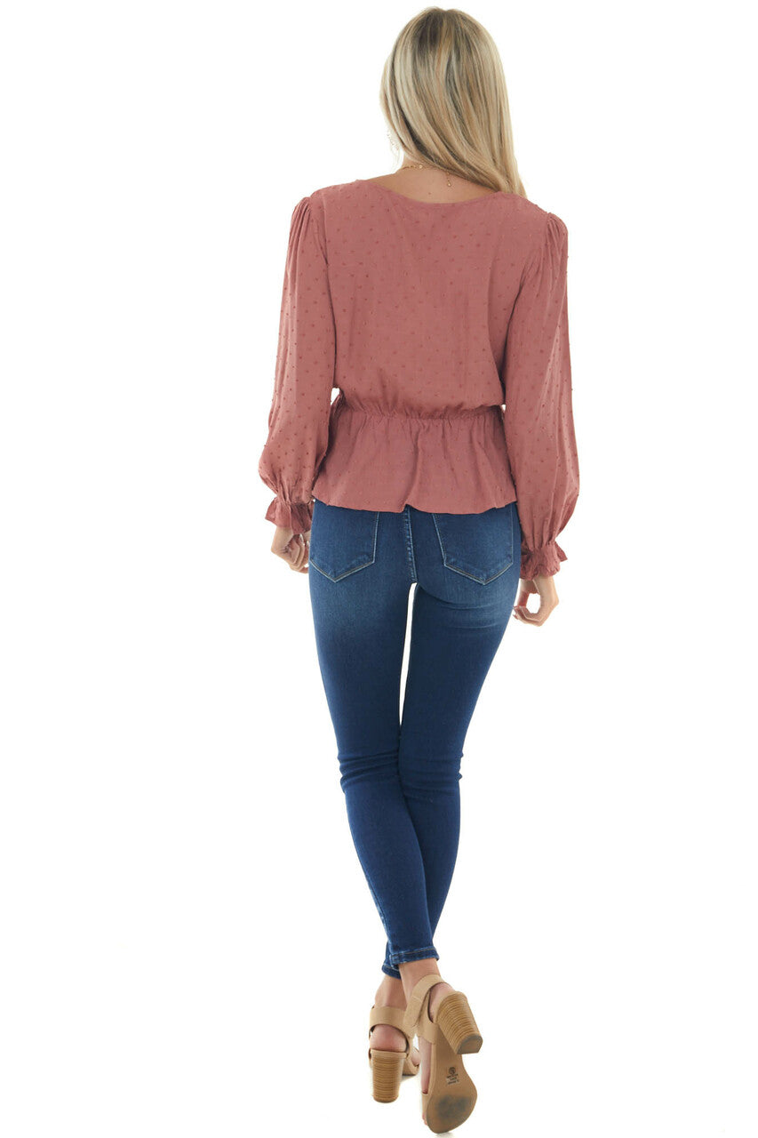 Terracotta Swiss Dot Ruched Puff Sleeve Blouse
