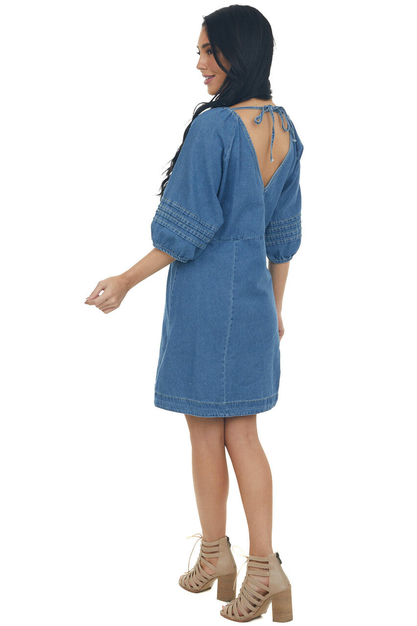 Dark Wash Pleated Puff Sleeve Denim Dress
