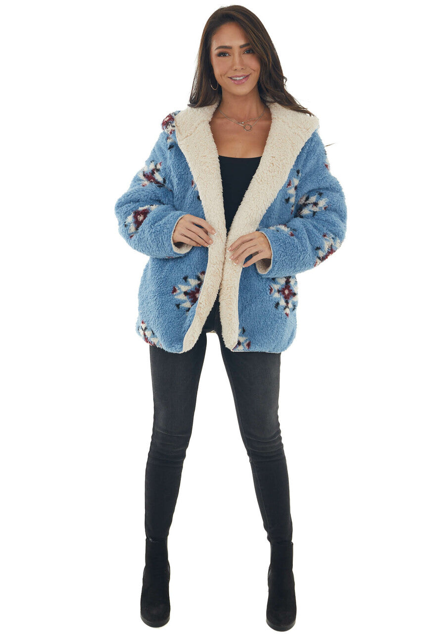 Powder Blue Aztec Reversible Sherpa Jacket 
